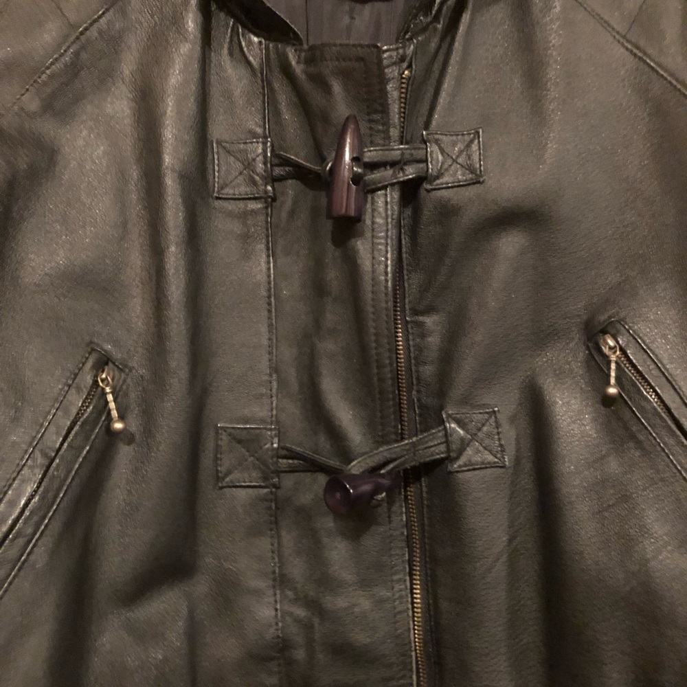 Cosa Nova Black Leather Hooded Duffle Coat Medium - Picture 6 of 13